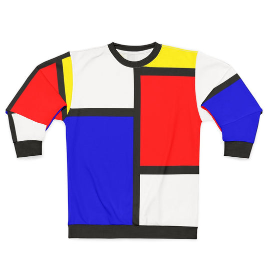Mondrian inspired geometric sweatshirt with red, yellow, and blue colors