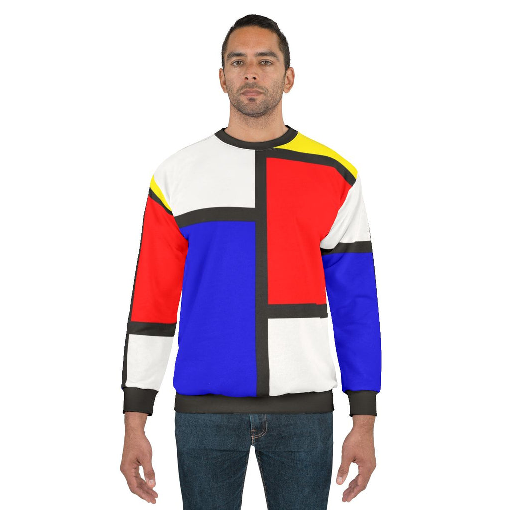 Mondrian inspired geometric sweatshirt with red, yellow, and blue colors