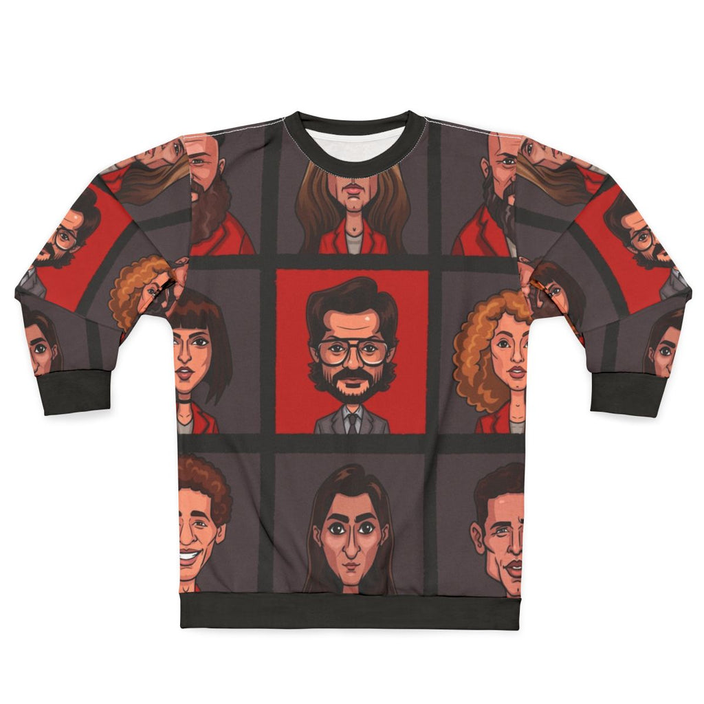 Money Heist Character Lineup Sweatshirt featuring the iconic characters from the Netflix series