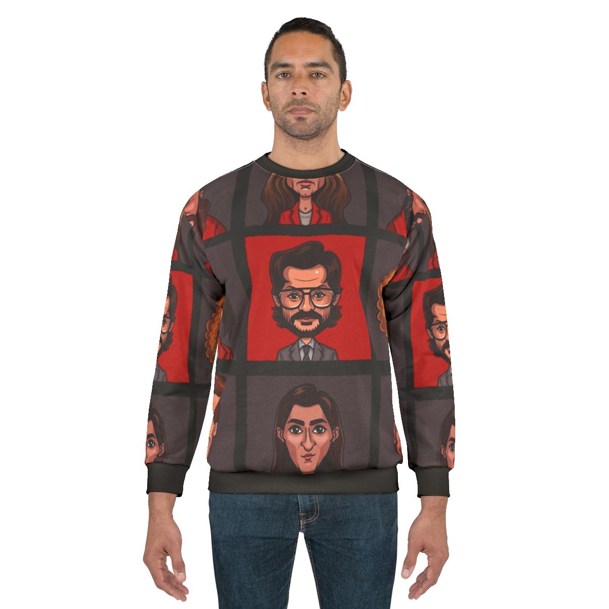 Money Heist Character Lineup Sweatshirt featuring the iconic characters from the Netflix series