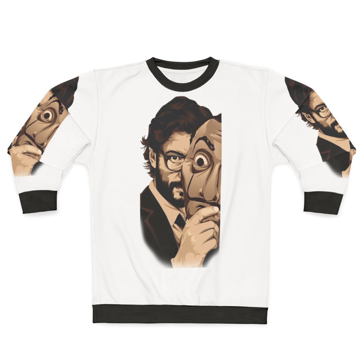 Money Heist themed sweatshirt with Professor and Dali mask designs