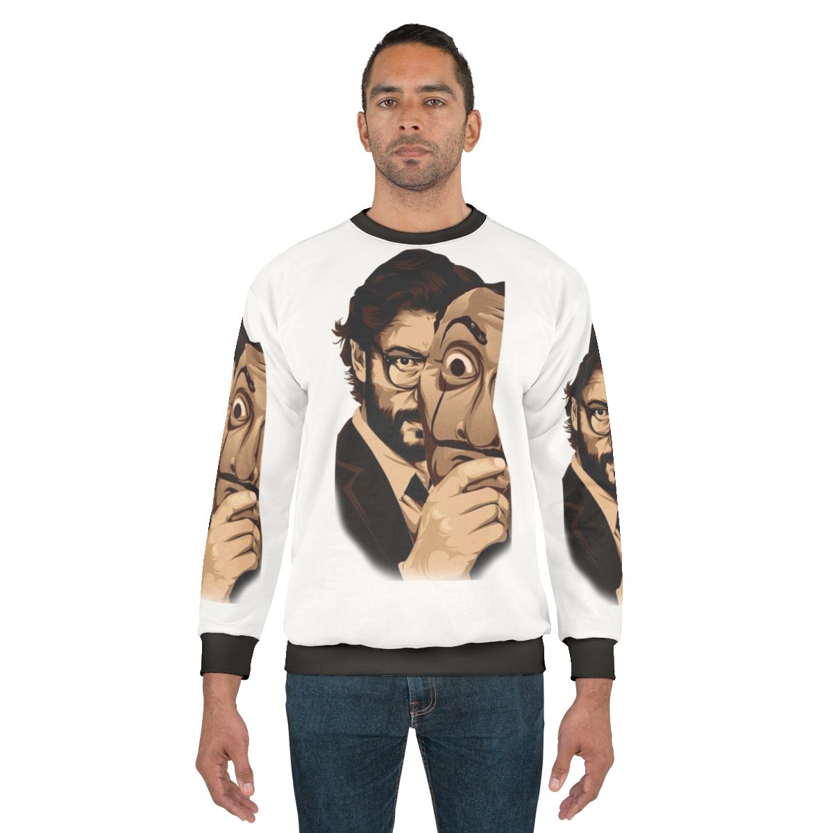 Money Heist themed sweatshirt with Professor and Dali mask designs