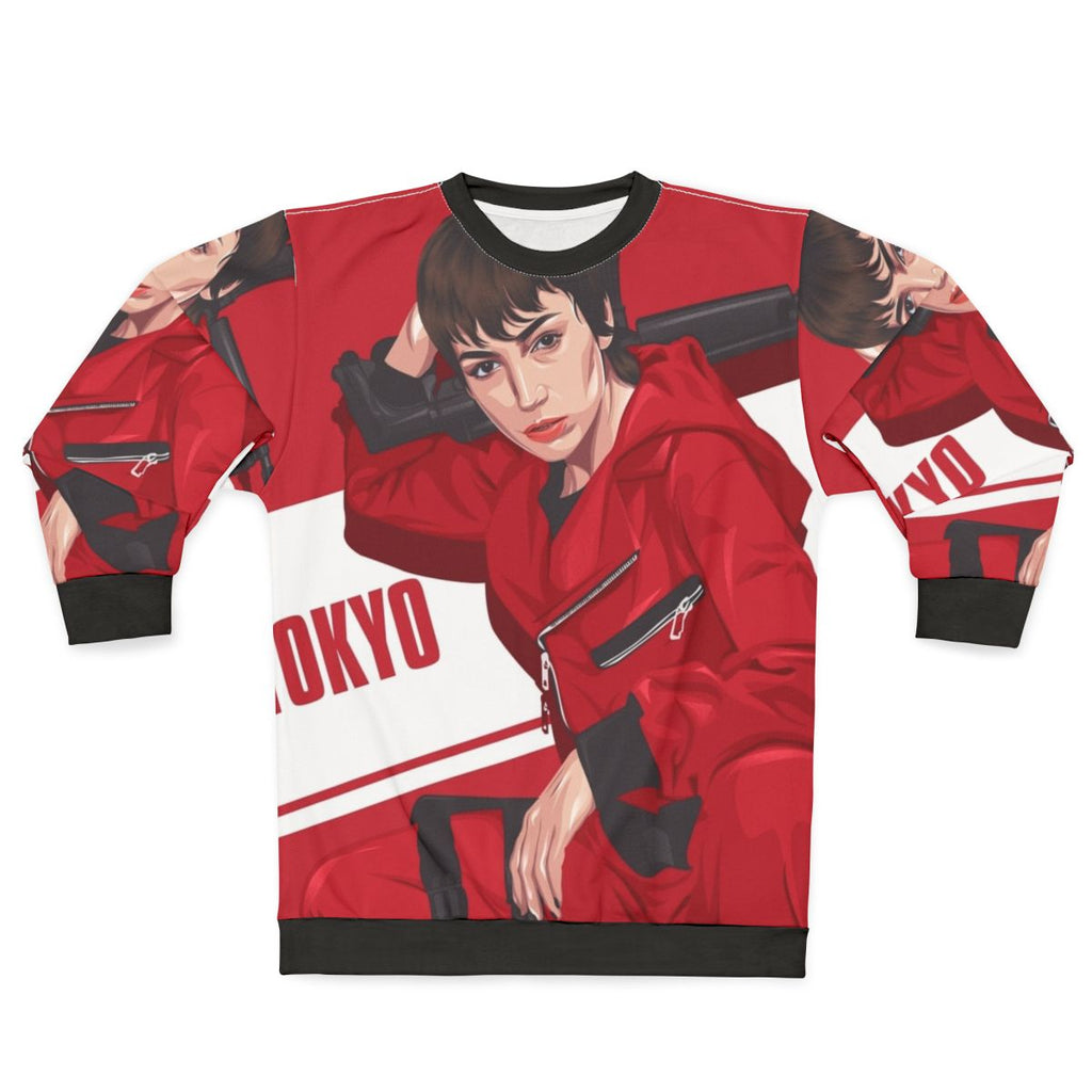 Tokyo character from Money Heist TV show graphic design on a sweatshirt