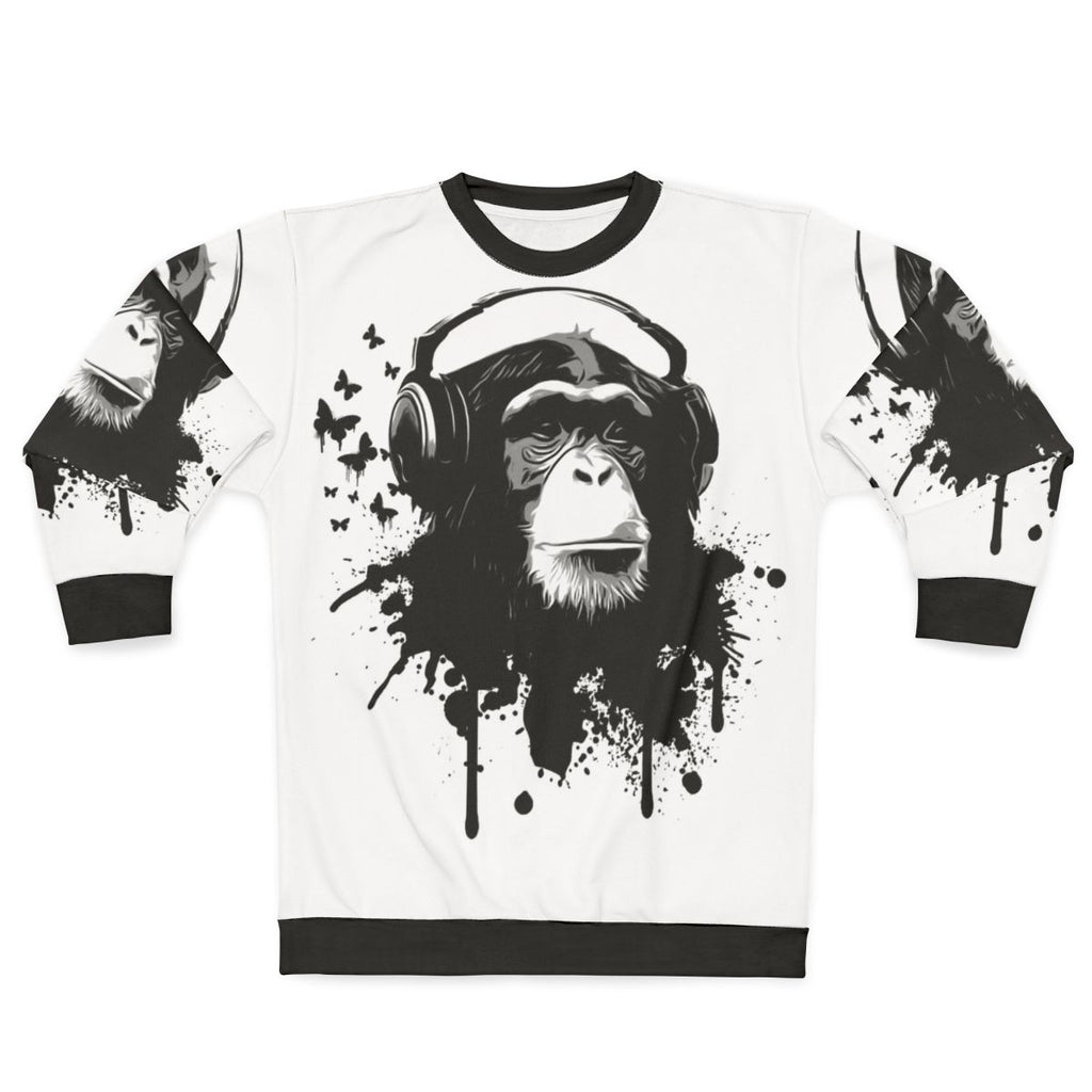 Stylish monkey business sweatshirt with vibrant splatter pattern and animal graphics