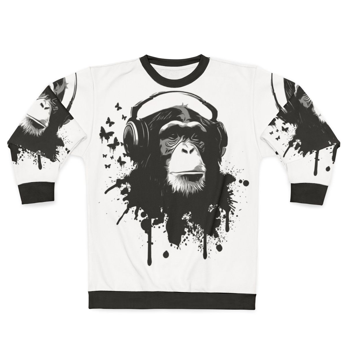 Stylish monkey business sweatshirt with vibrant splatter pattern and animal graphics