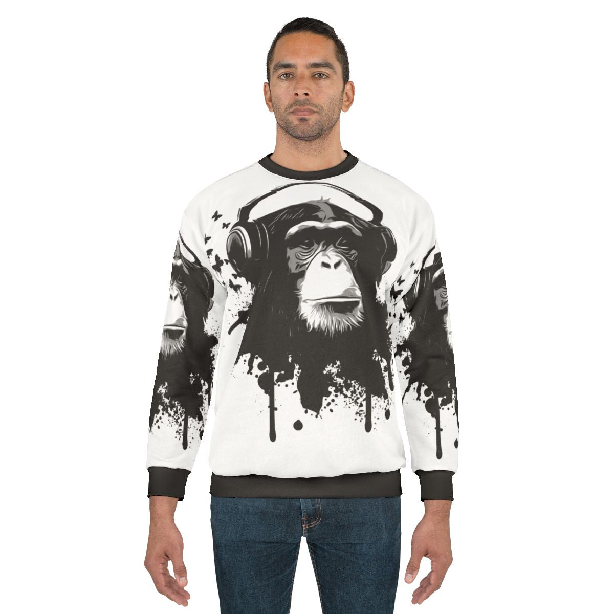 Stylish monkey business sweatshirt with vibrant splatter pattern and animal graphics