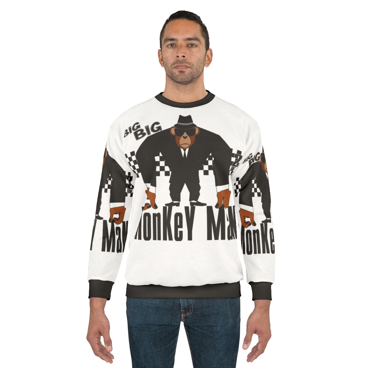 Monkey man graphic on a cozy ska inspired sweatshirt