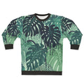 Tropical monstera leaves melting in a surreal green and blue sweatshirt design