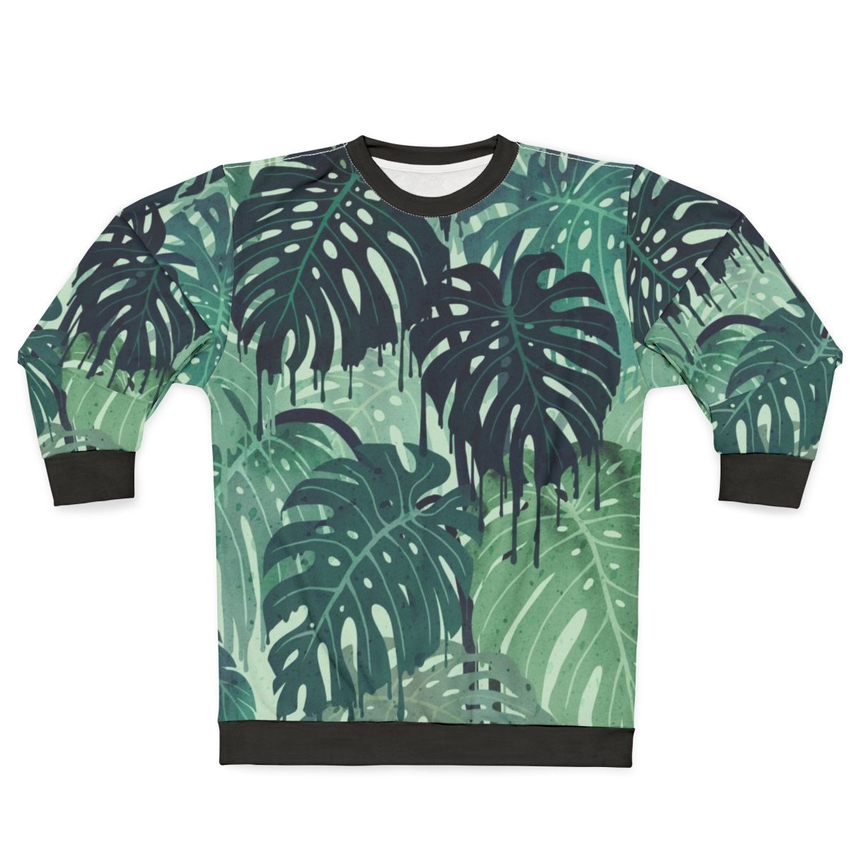 Tropical monstera leaves melting in a surreal green and blue sweatshirt design