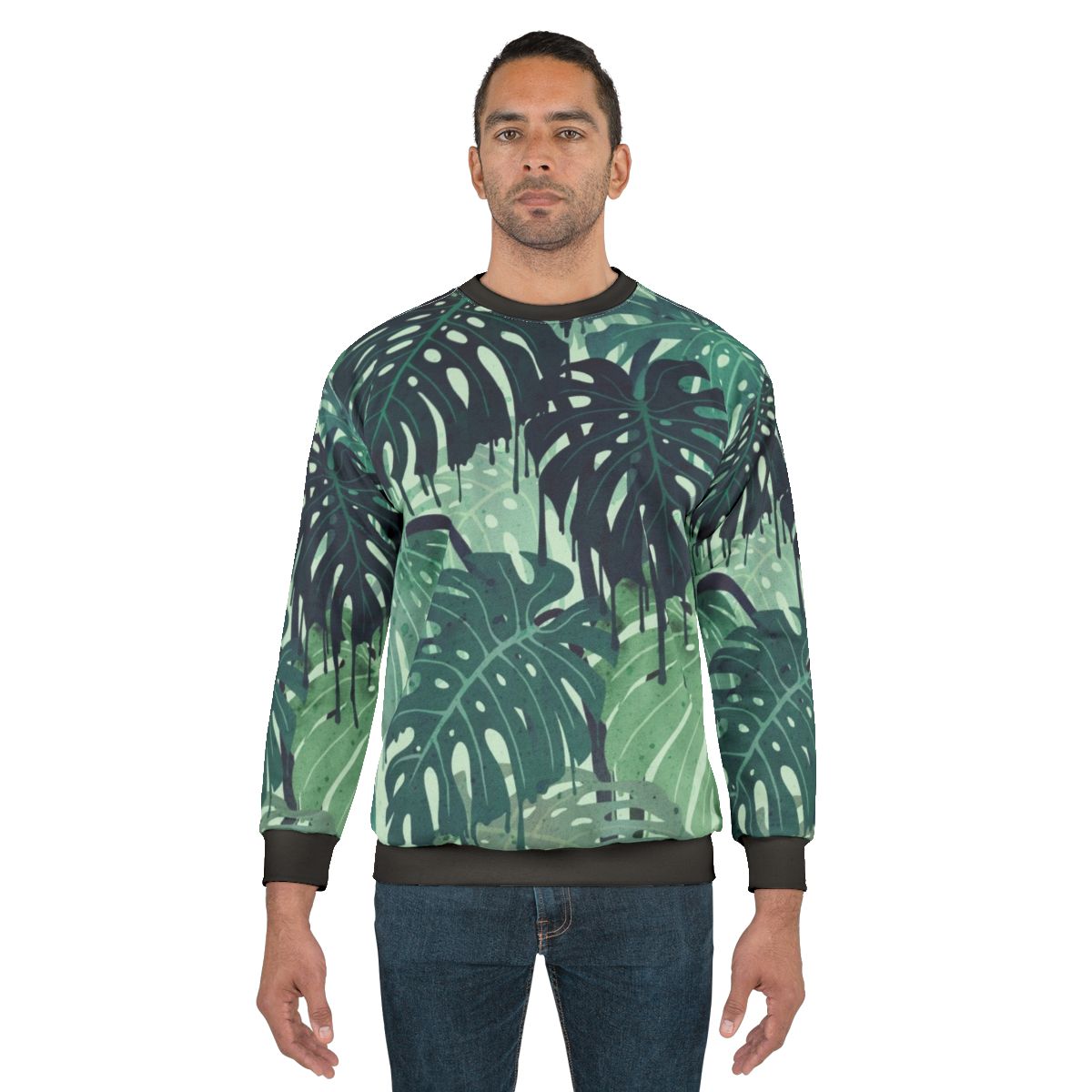 Tropical monstera leaves melting in a surreal green and blue sweatshirt design