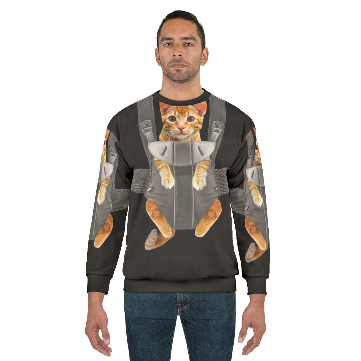 Monty the cat wearing a baby carrier on a sweatshirt