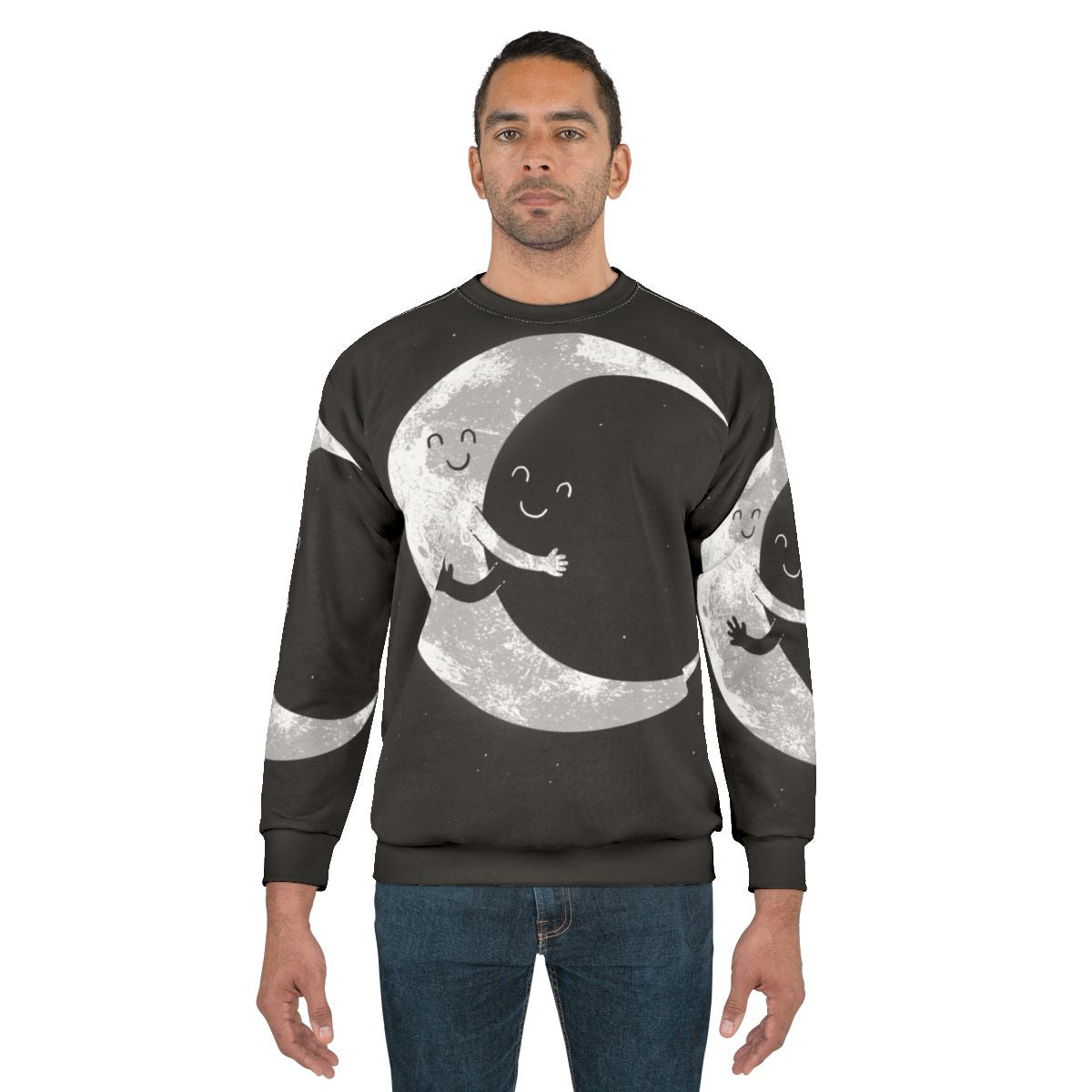 Celestial Moon Hug Sweatshirt with a smiley face moon design