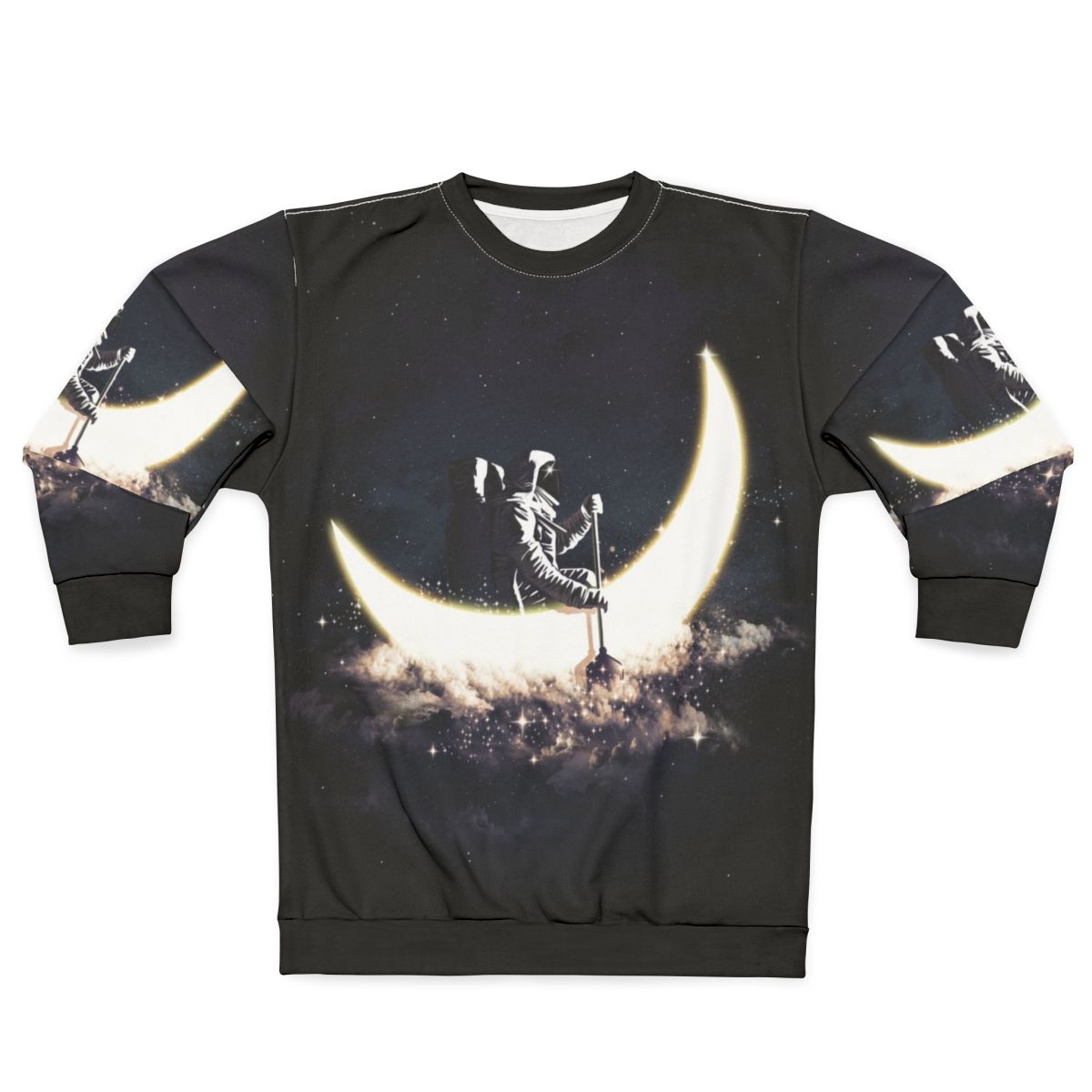 Cosmic Moon Sailing Sweatshirt featuring an abstract space and astronaut design