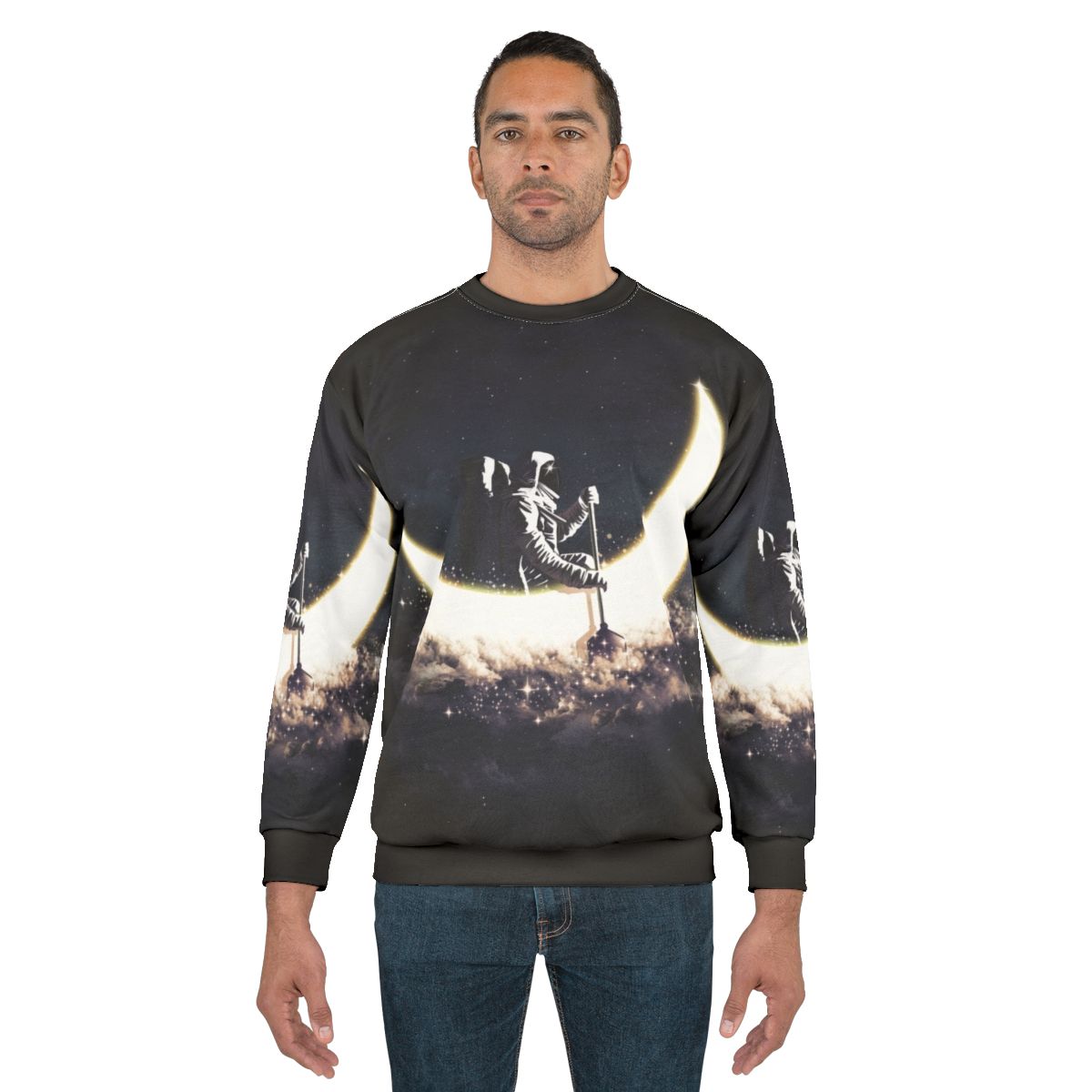 Cosmic Moon Sailing Sweatshirt featuring an abstract space and astronaut design