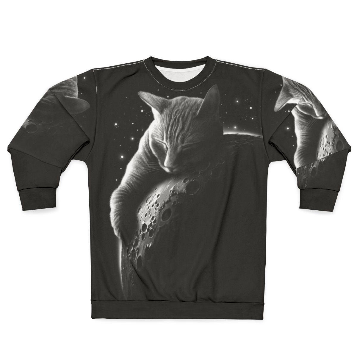 Mooncat Sweatshirt featuring a cat in a space suit against a starry night sky
