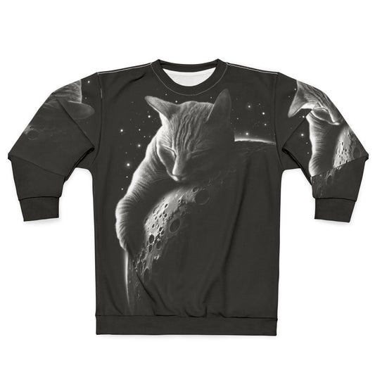 Mooncat Sweatshirt featuring a cat in a space suit against a starry night sky