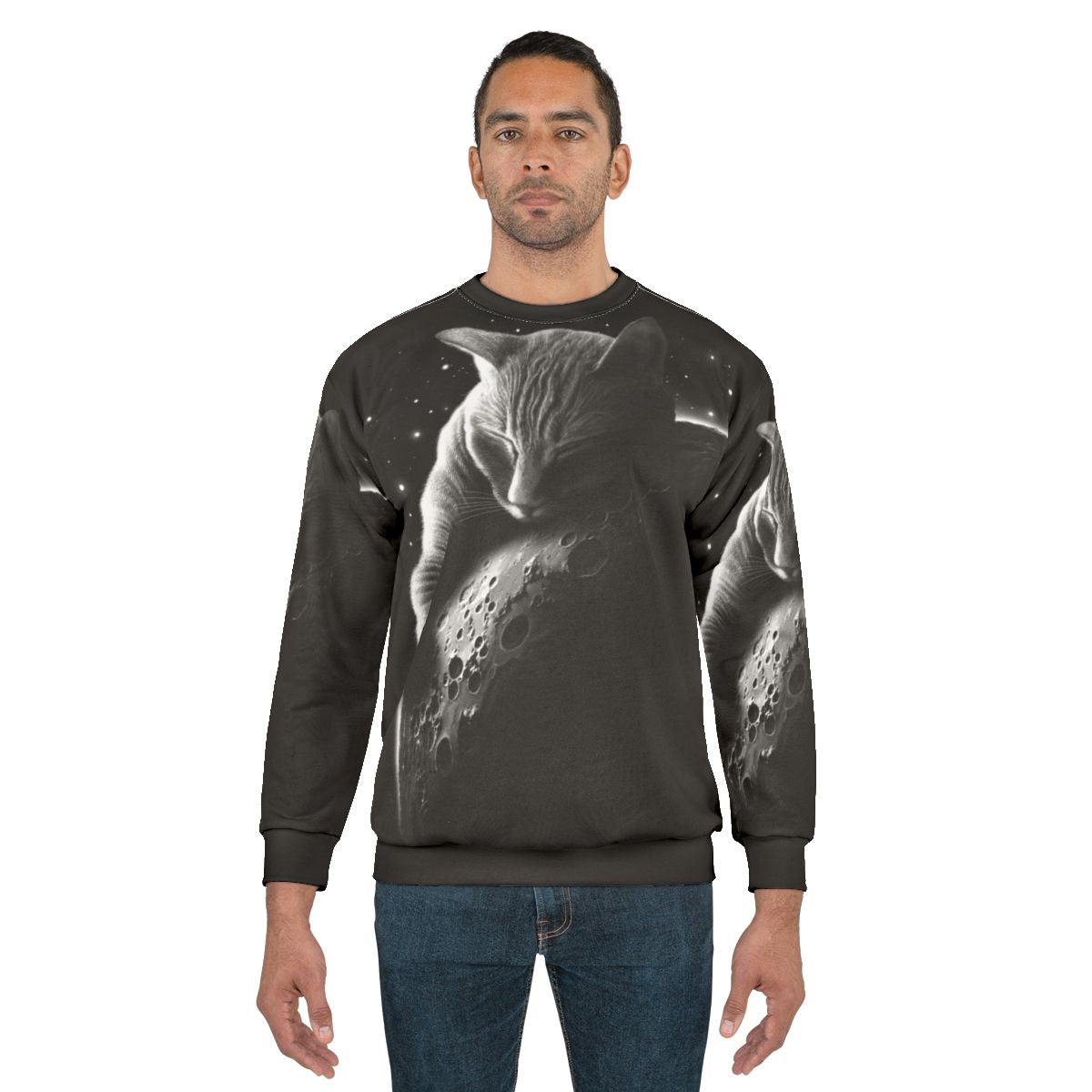 Mooncat Sweatshirt featuring a cat in a space suit against a starry night sky