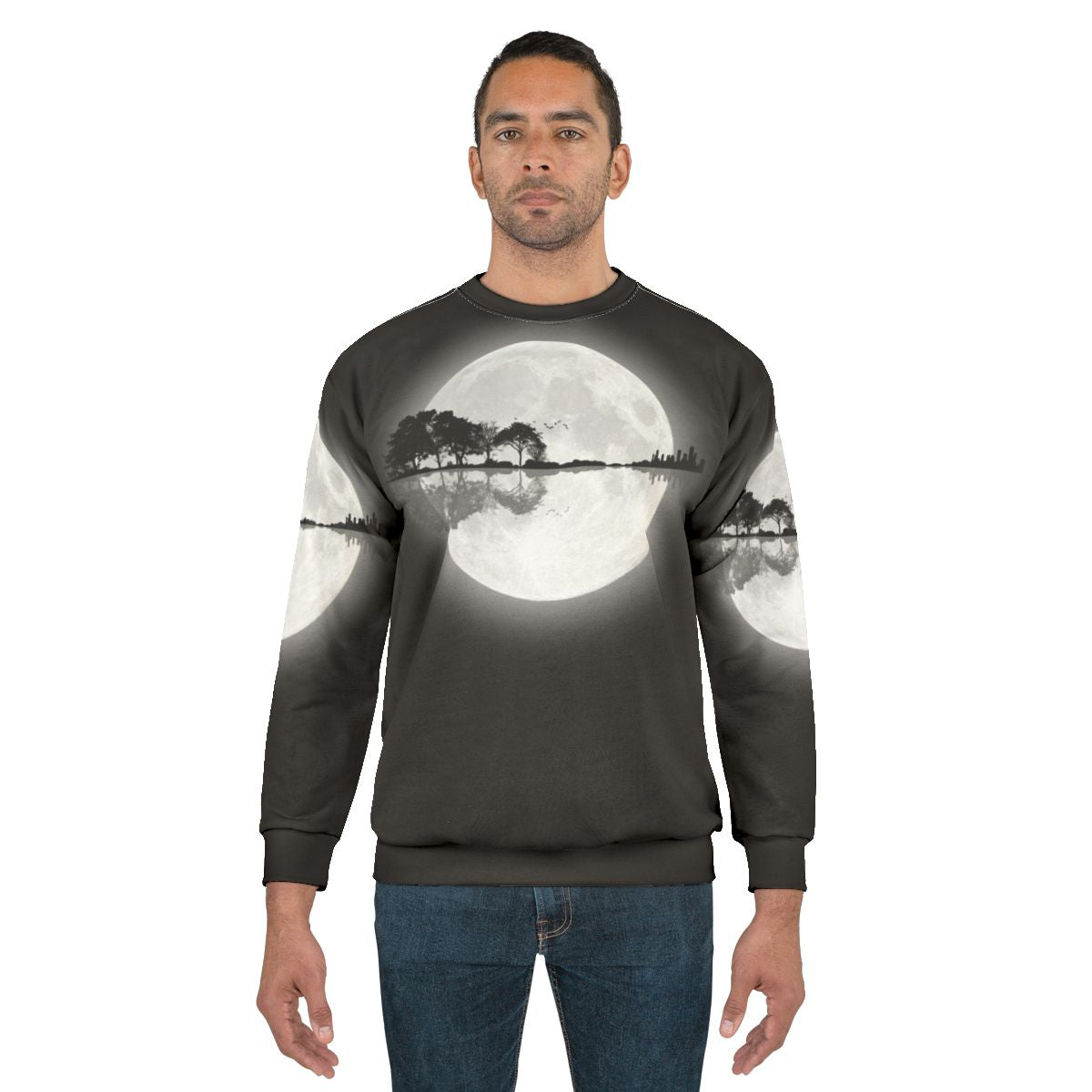 Minimalist landscape design guitar sweatshirt with moon and nature