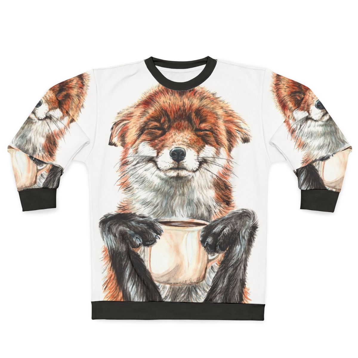 Cute Morning Fox Drinking Coffee Illustration on Sweatshirt