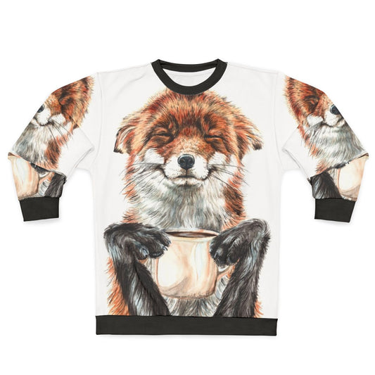 Cute Morning Fox Drinking Coffee Illustration on Sweatshirt