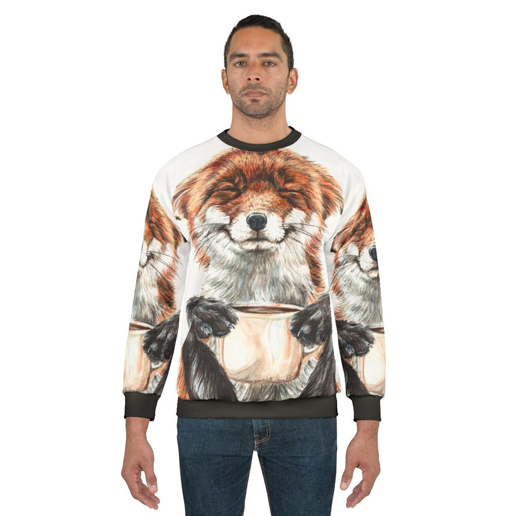 Cute Morning Fox Drinking Coffee Illustration on Sweatshirt