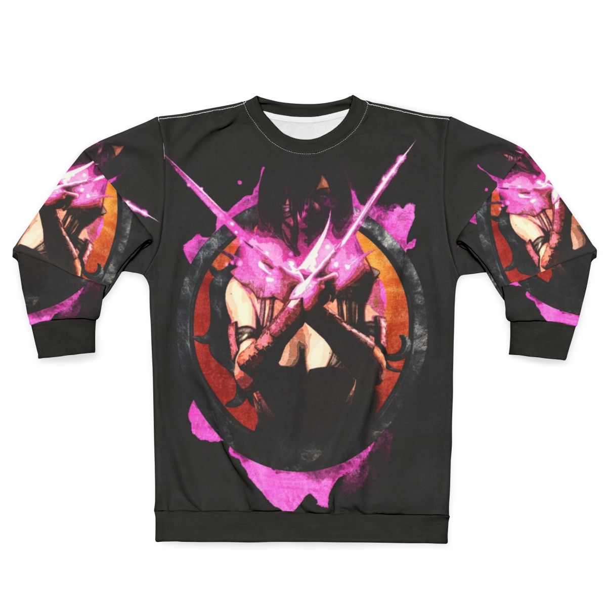 Mileena from Mortal Kombat fighting game character portrait on pink grunge sweatshirt