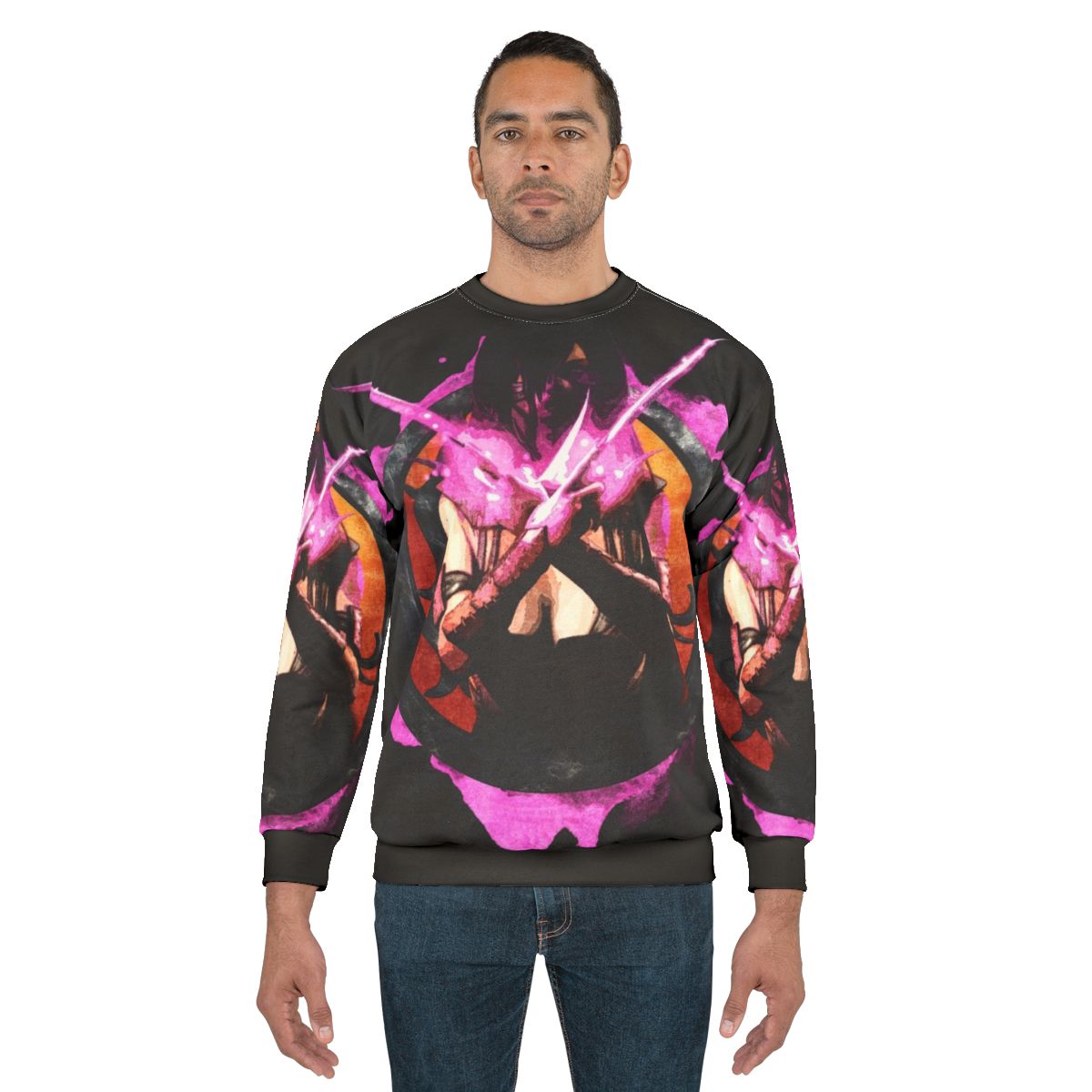 Mileena from Mortal Kombat fighting game character portrait on pink grunge sweatshirt
