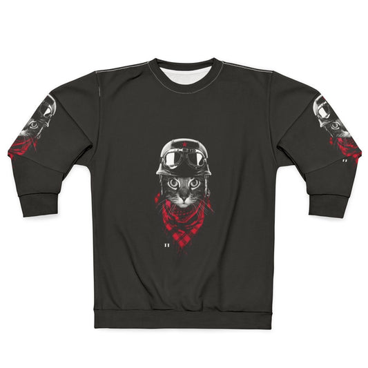 Motorcycle Cat Sweatshirt with Feline in Biker Gear