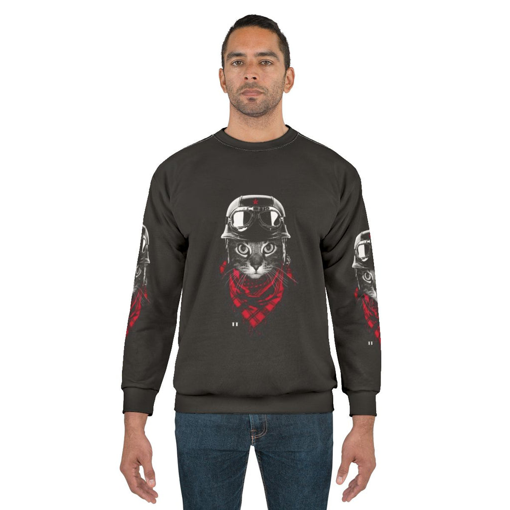Motorcycle Cat Sweatshirt with Feline in Biker Gear