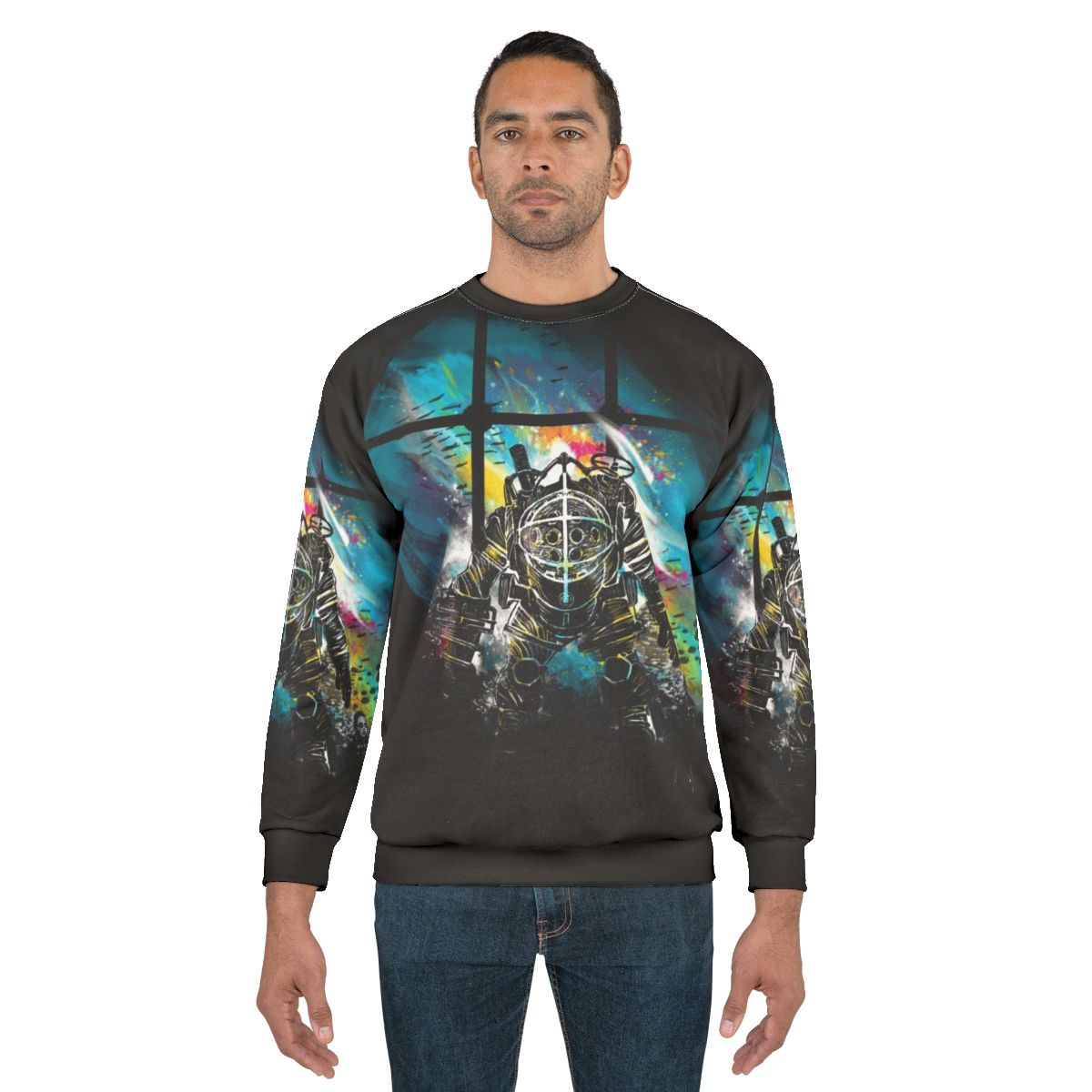 Mr Bubbles Bioshock Sweatshirt featuring a watercolor design of the iconic Big Daddy