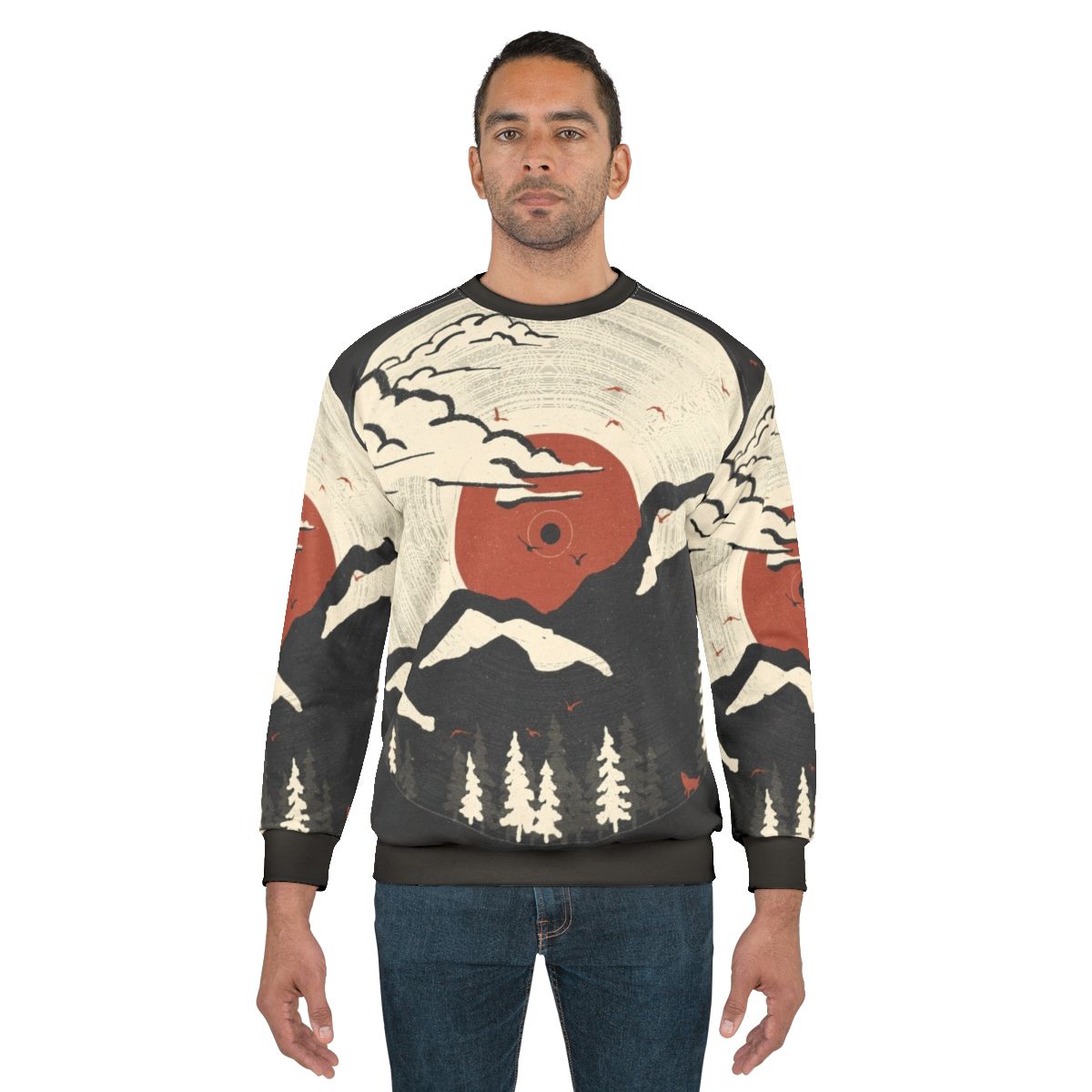 Mountain inspired sweatshirt with nature and wildlife designs