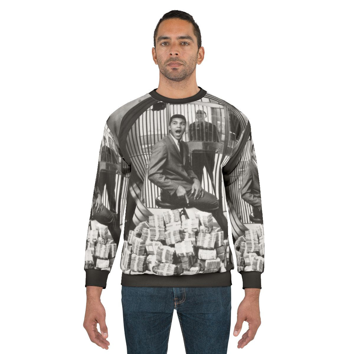 Muhammad Ali, the greatest boxer, wearing a commemorative sweatshirt