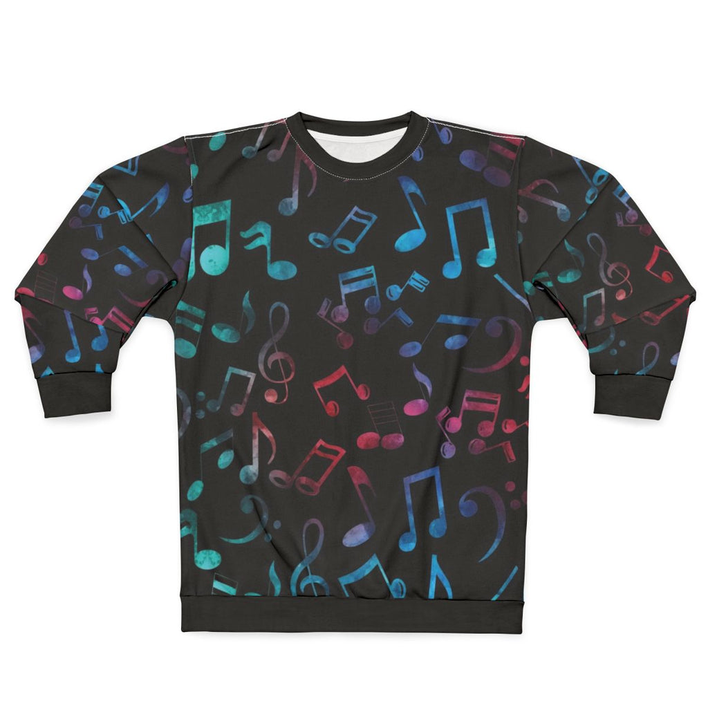 Colorful music notes pattern sweatshirt with watercolor design