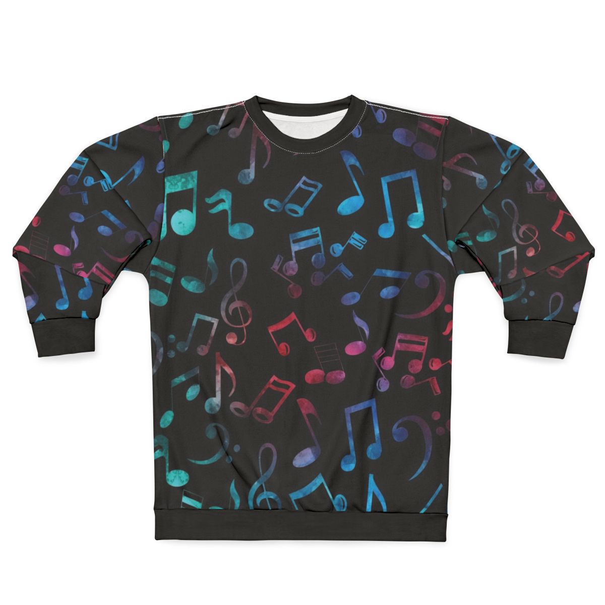 Colorful music notes pattern sweatshirt with watercolor design