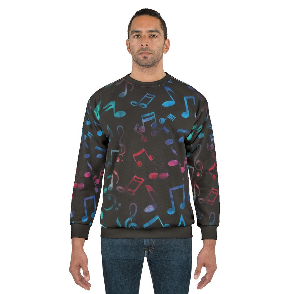 Colorful music notes pattern sweatshirt with watercolor design