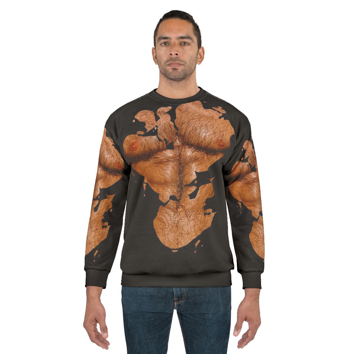 Muscular, hairy-chested man wearing sweatshirt