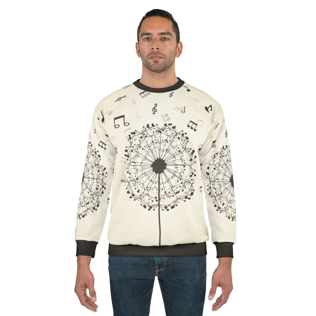 Music-themed sweatshirt with dandelion flower design