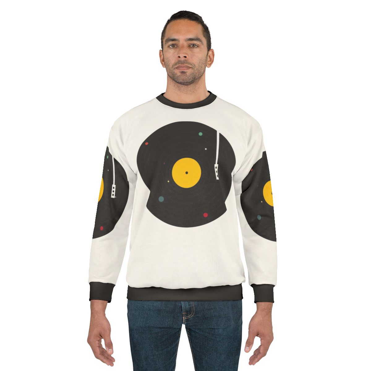 Retro music sweatshirt with galaxy and solar system design