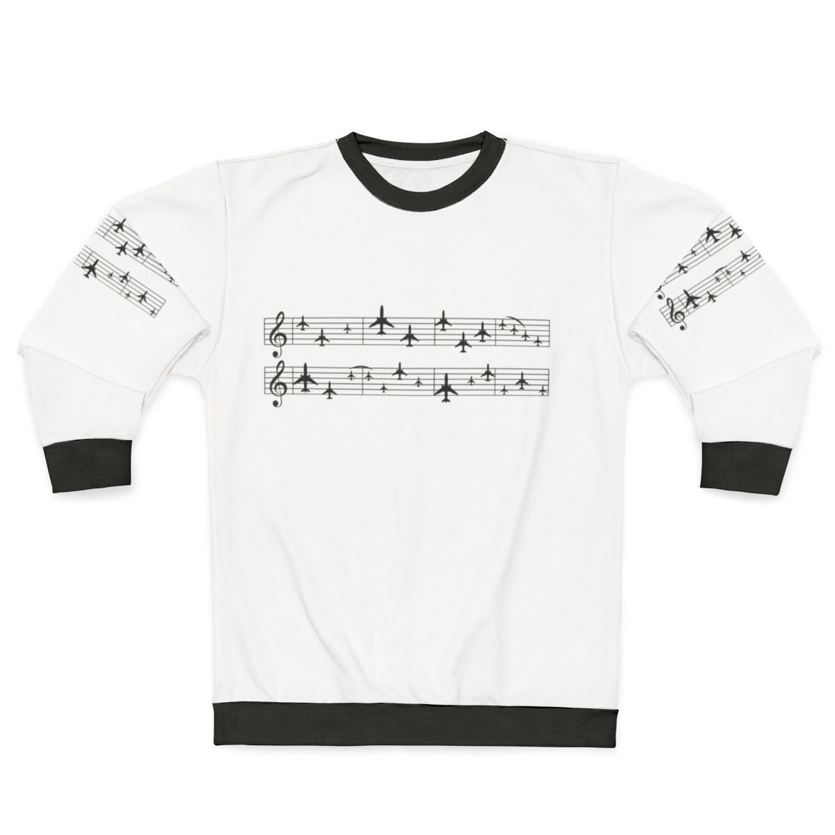 Music staff with airplanes graphic on a white sweatshirt