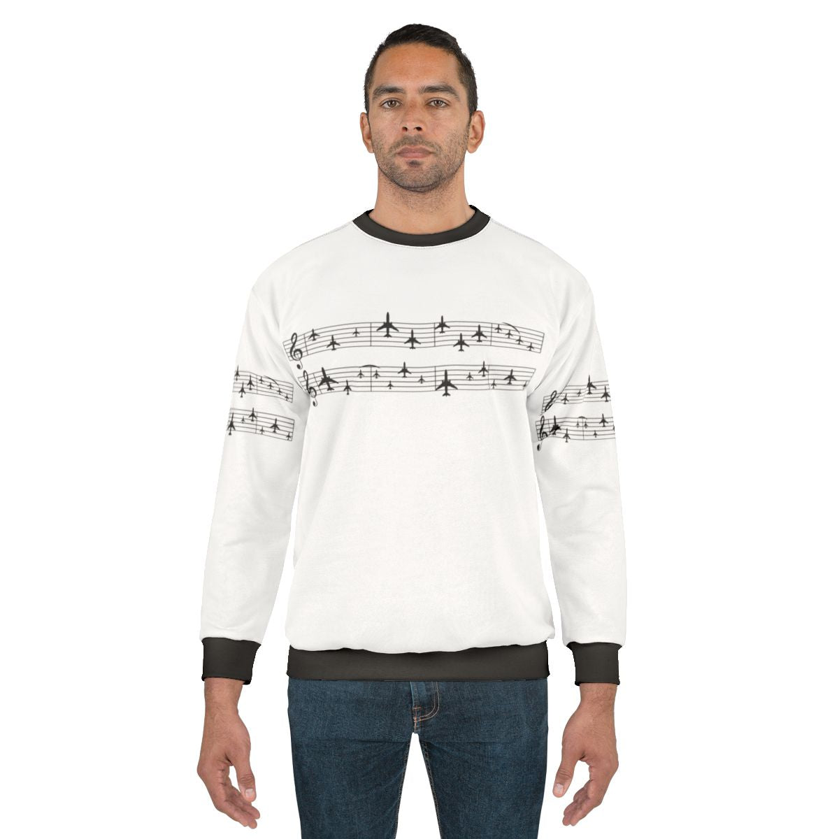 Music staff with airplanes graphic on a white sweatshirt
