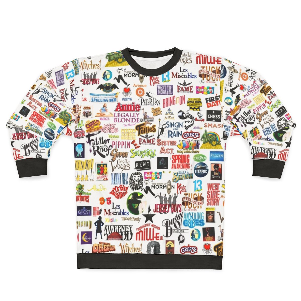 Musical Logos Sweatshirt with Designs for Musicals like Heathers, Rent, and Starkid