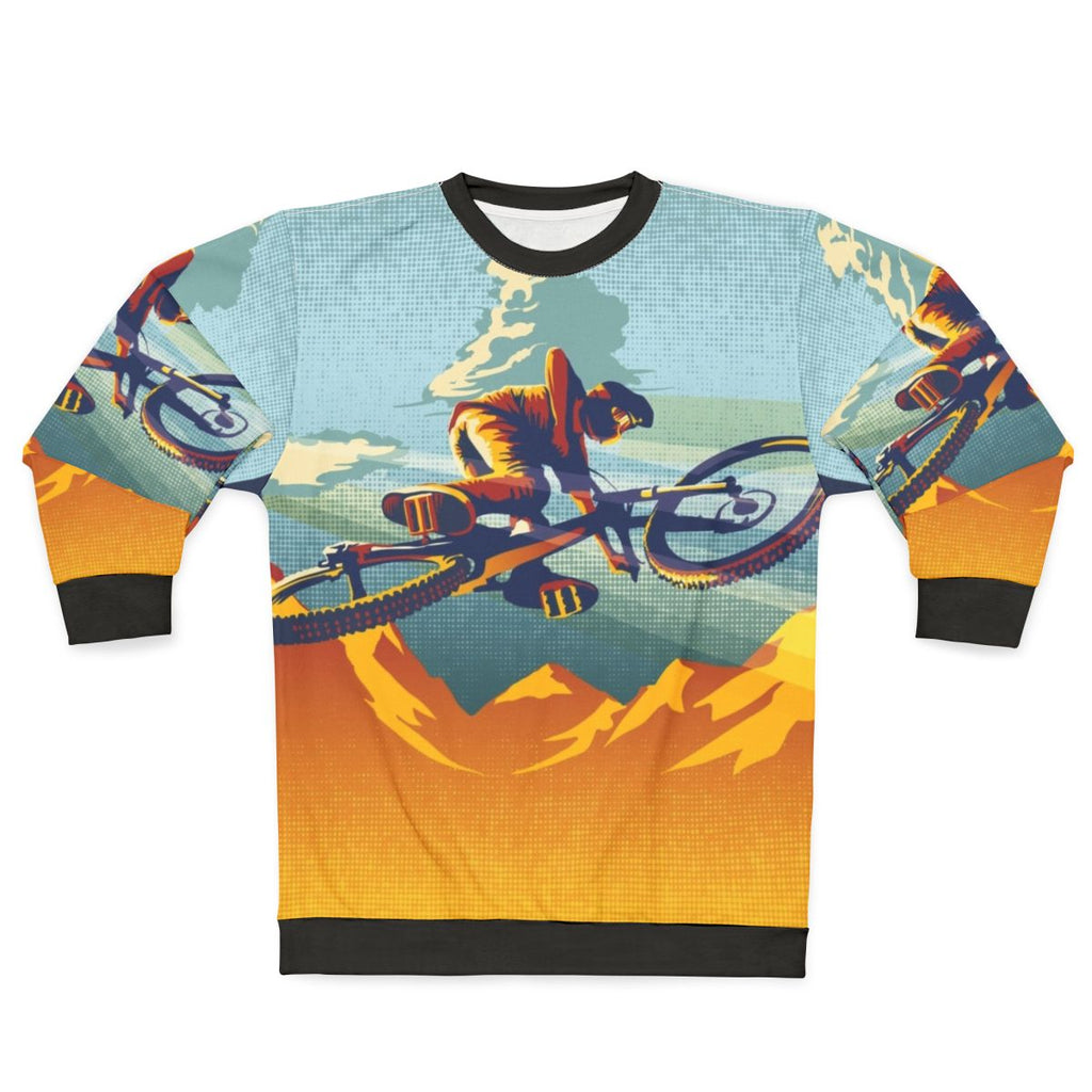 Mountain biking inspired sweatshirt with cycling art and design