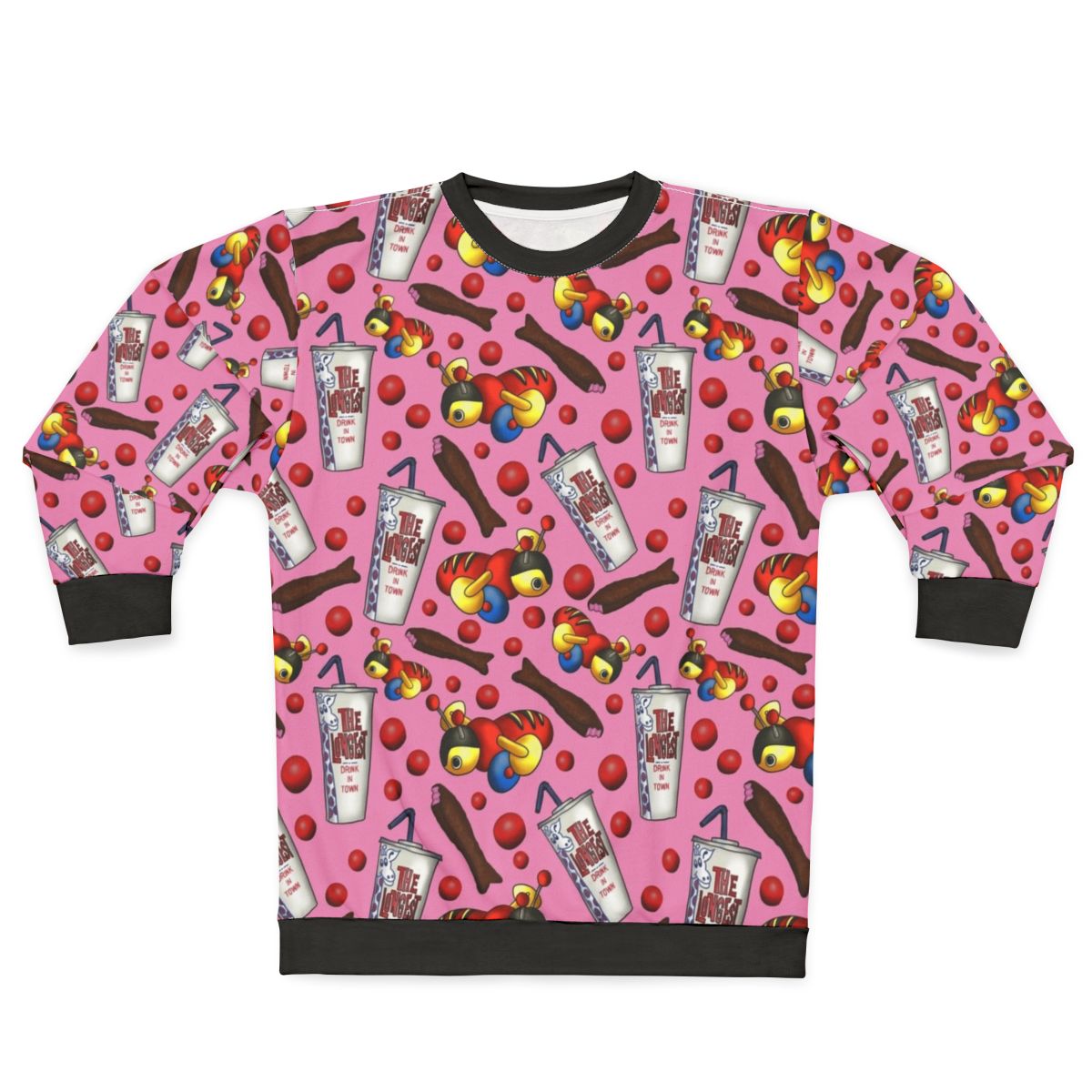 Pink sweatshirt with kiwiana-inspired design
