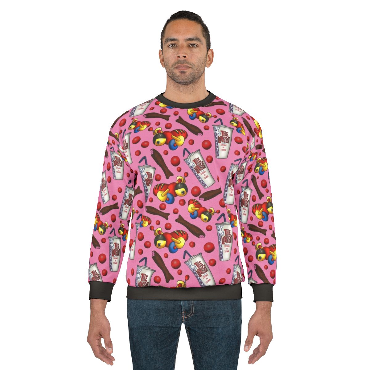 Pink sweatshirt with kiwiana-inspired design