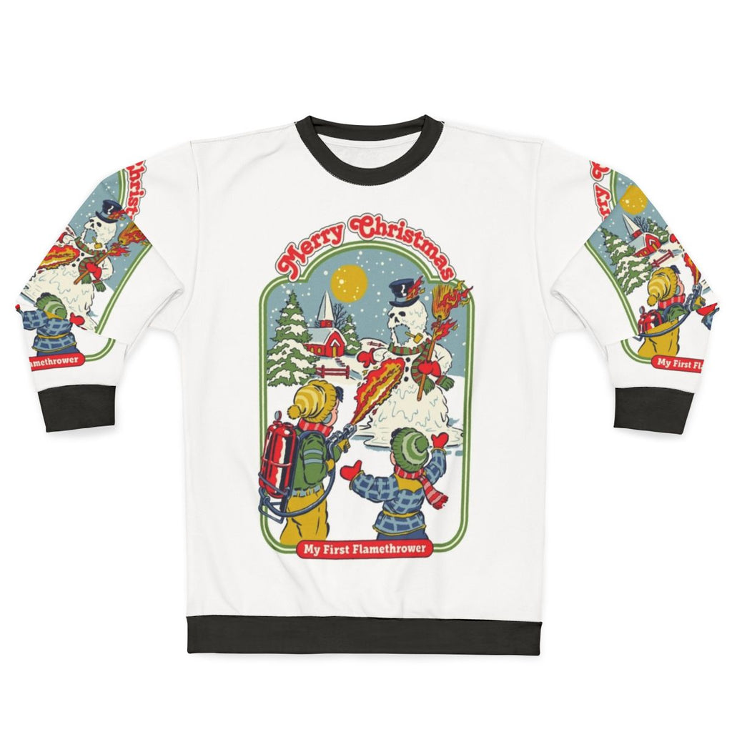 Retro flamethrower sweatshirt with a humorous, nostalgic design