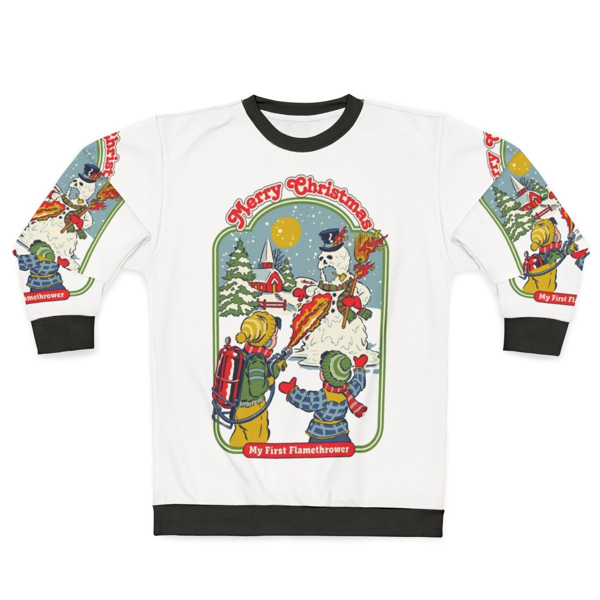 Retro flamethrower sweatshirt with a humorous, nostalgic design