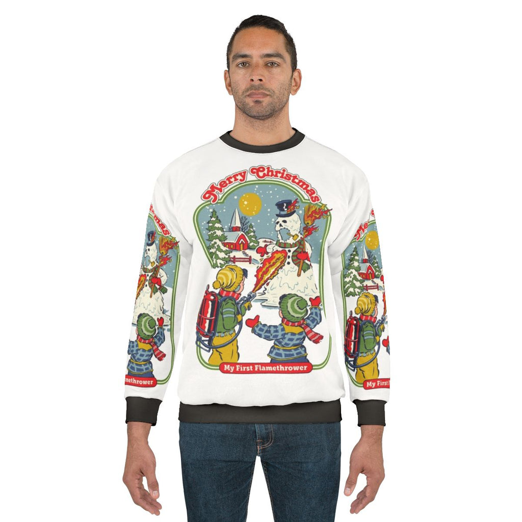 Retro flamethrower sweatshirt with a humorous, nostalgic design
