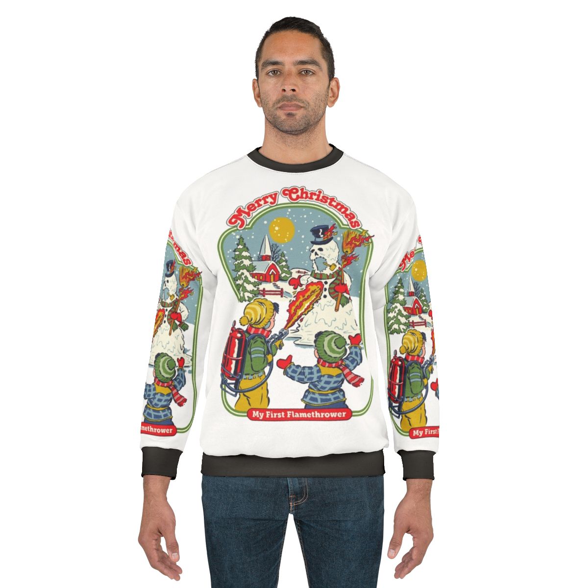 Retro flamethrower sweatshirt with a humorous, nostalgic design