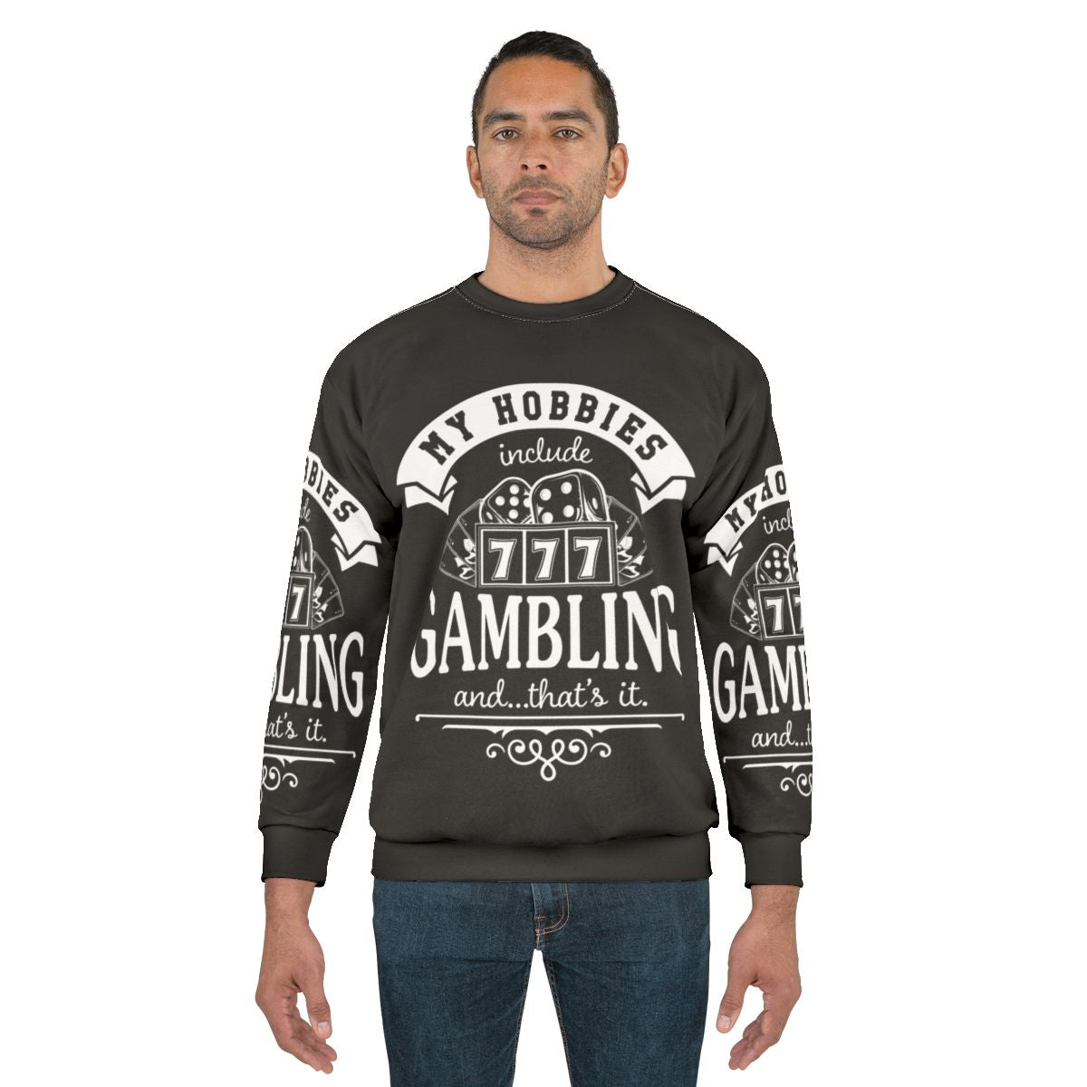 Gambling enthusiast sweatshirt with casino and gaming icons