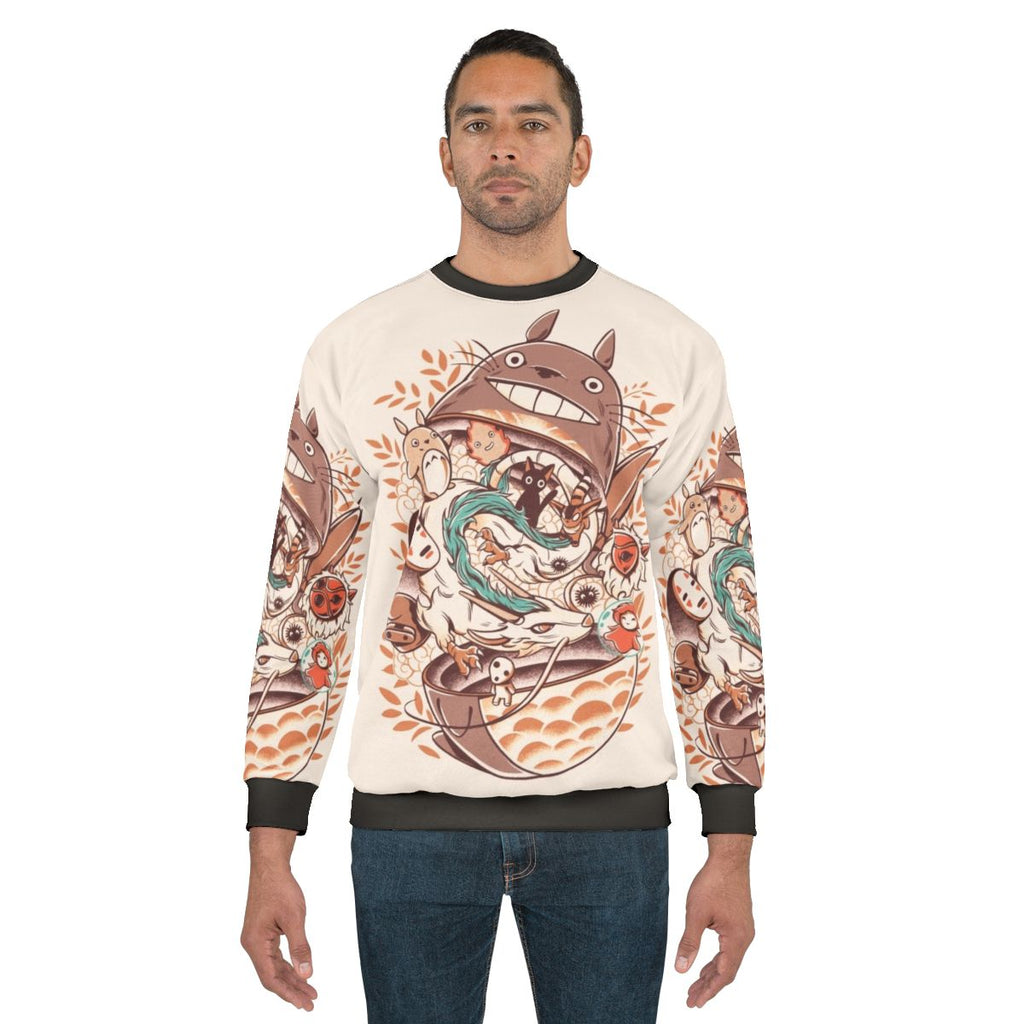 Matryoshka-inspired anime sweatshirt with nature and fantasy elements